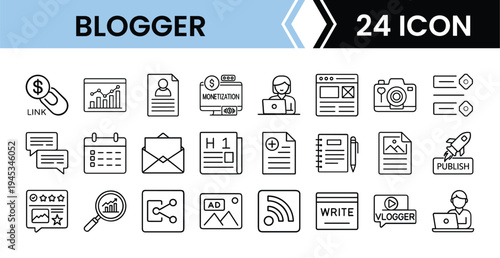 Outline Blogger Icon Set 24 in Line Art Style for Blogging, Content Marketing, Writing, and Digital Media Interface Design
