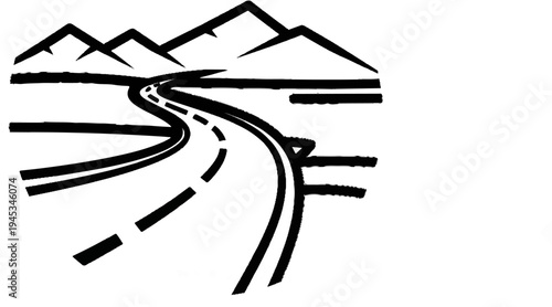 A winding road leads through mountains under a bright sky