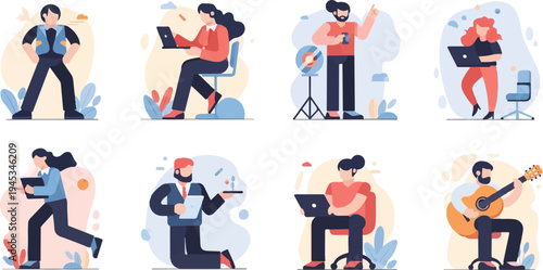 Diverse people engage in various activities from work to leisure