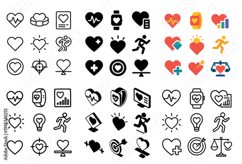 Health icons with heart watch runner colorful