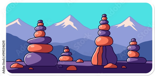 Balanced stone towers on a rocky landscape with snow-capped mountains