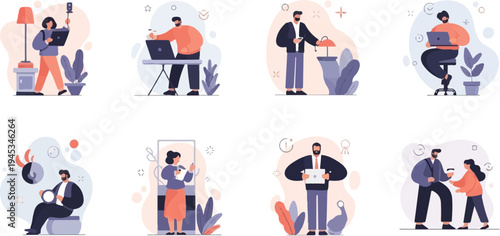 Diverse people engaged in various activities like working and interacting in stylized settings