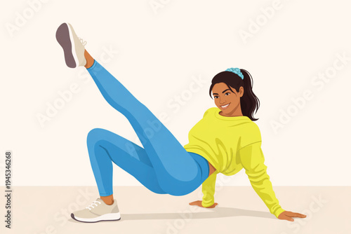 A cartoon illustration of a fun girl with a snowboard and a boy with a skateboard shows people enjoying fitness activity and sport exercise in a vector style