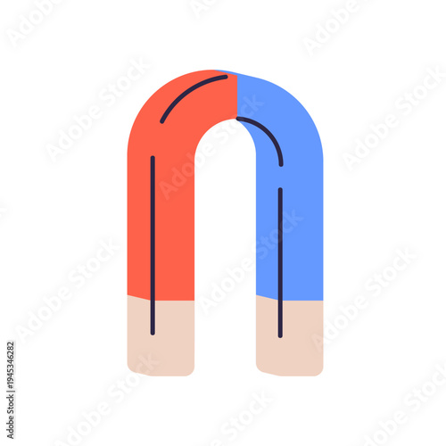 Horseshoe magnet with red and blue power poles, polarities. Magnetic attracting force, u-shape tool for physics. Electromagnetic attraction icon. Flat vector illustration isolated on white background