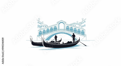 Two gondolas glide under an arched bridge in a stylized city scene