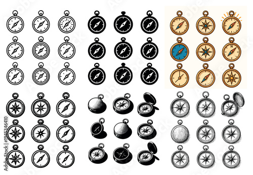 Navigation icons with compass needle case vintage