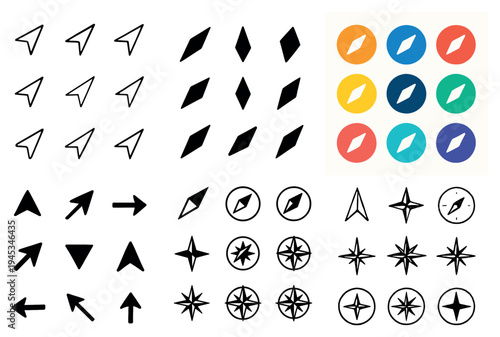 Navigation icons with compass arrow plane minimal