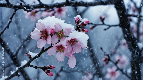 Delicate pink blossoms grace winter branches, receiving fresh snow. Cold natures serene beauty unfolds, tranquil springtime bloom