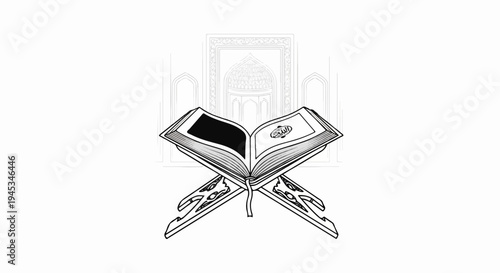 An open book on a stand before a mosque facade