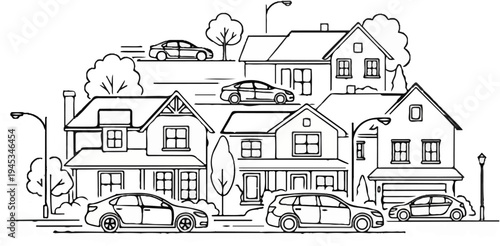 Suburban street scene with houses and cars in motion