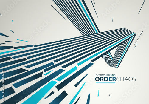 Entropy concept vector abstract background with debris flying in chaos, destruction theme wallpaper, exploded pieces disorder 3D design