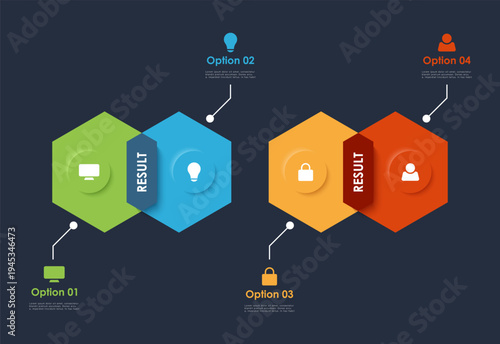 Intersecting hexagons vector mockup infographic with 4 steps or options. Mockup for business portfolio