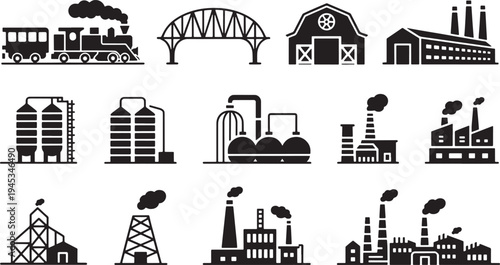 Industrial silhouettes set collection train bridge barn factory silo refinery chemical plant and more