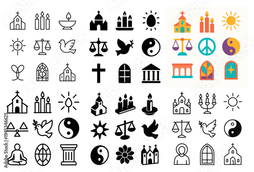 Religion icons with church dove candle minimal