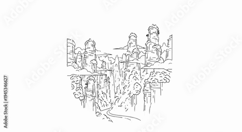 Surreal mountain landscape with floating islands and a winding path below