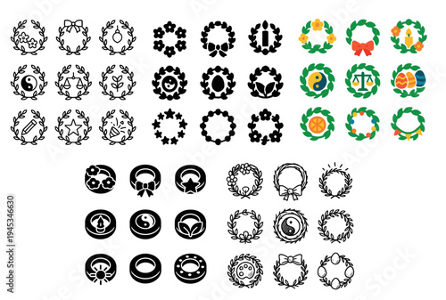 Laurel icons with wreath ribbon yin classic outline