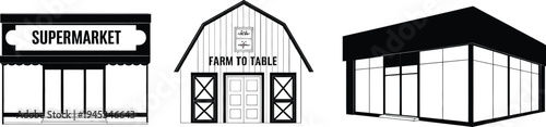 Set of black and white shop buildings supermarket barn and modern storefront isolated vector