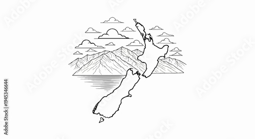 Stylized map outline with mountains, clouds, and water