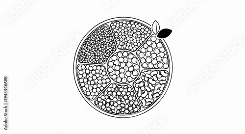 Black and white illustration of a segmented circular tray filled with various legumes