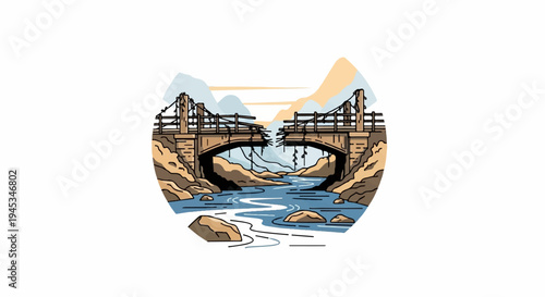 Broken wooden bridge over a river with mountains in the background