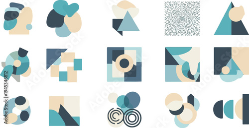 Abstract geometric and organic shapes in muted teal, cream, and navy palette