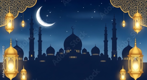 Nighttime mosque silhouette with crescent moon and decorative lanterns