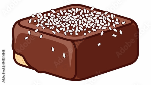 Square chocolate dessert with white sprinkles and a bite taken