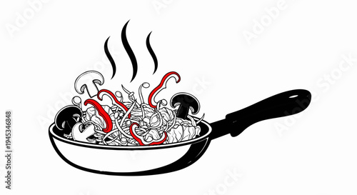 Sizzling stir-fry with mushrooms and red peppers in a black pan