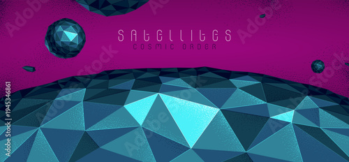 Abstract planet terrain with satellites flying around vector illustration, sci-fi space art, unknown distant planet panorama wallpaper, low poly design.