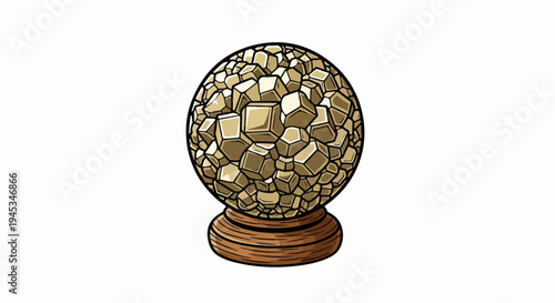 A sphere of golden cubes rests on a wooden base