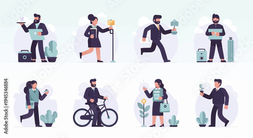 Animated business people in suits, some carrying items or interacting with technology