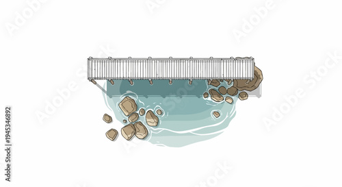 A simplistic top-down illustration of a wooden walkway over calm, shallow water with scattered rocks