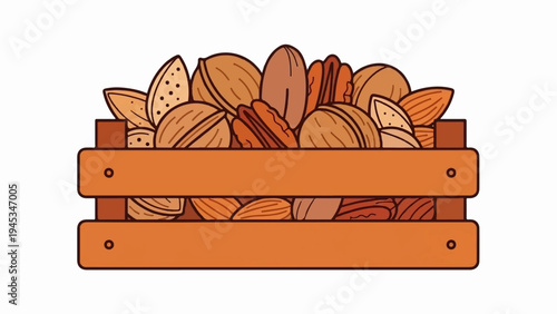 A wooden crate overflowing with a variety of shelled nuts and almonds