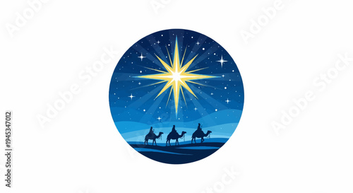 Silhouettes of three figures on camels beneath a radiant star