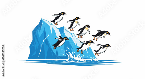Animated penguins dive from icy mountain into ocean waves
