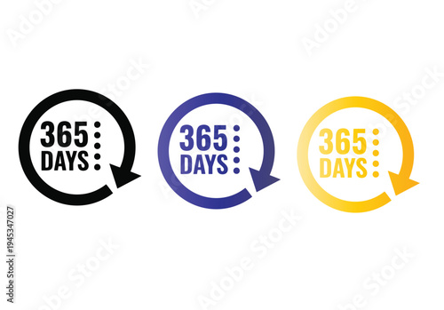 365 days circle icon with arrow in black, blue, yellow, representing year round service