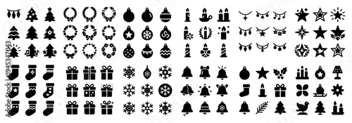 Holiday icons with tree star and ornament festive bold