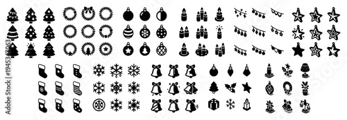 Holiday icons with tree wreath ornaments flat