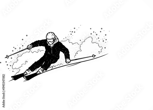 A skier in a black snowsuit carves down a slope kicking up snow