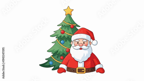Cheerful Santa Claus in red suit with decorated tree, festive holiday illustration