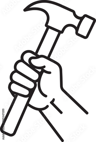 Hand holding hammer tool for repair linear sign for communal housing public utility maintenance isolated vector