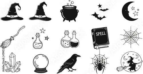 Whimsical collection of witchy items including hats, broom, cauldron, and mystical symbols