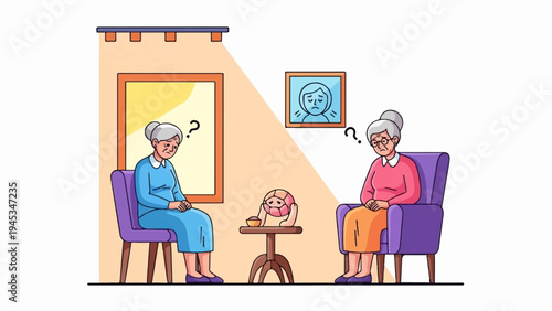 Two elderly women sit looking confused, with a drawing of a sad face above