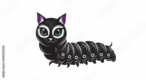 Whimsical black creature, part cat, part segmented caterpillar, with striking eyes