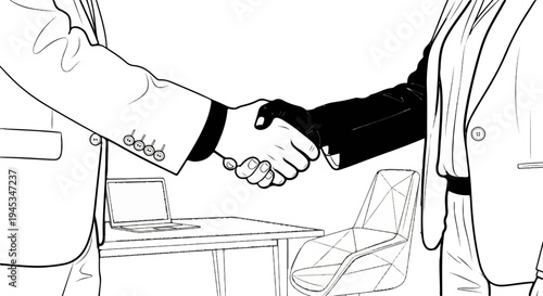 Two business professionals in suits shaking hands over a desk with a laptop