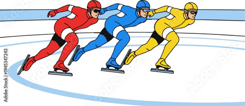 Three cartoon speed skaters in colorful racing suits on an ice rink