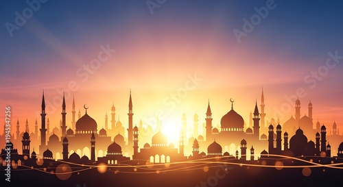 Silhouette of a city skyline at sunset or sunrise with domes and minarets