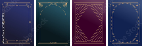 Vintage Art Deco dark color gradient background collection with gold frame. Elegant retro line art templates with luxury decorative linear borders.