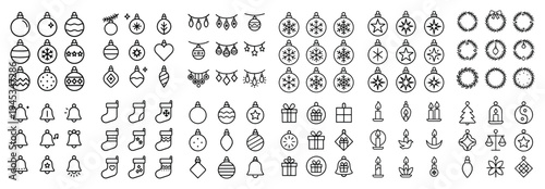 Holiday icons with ornament wreath bell line