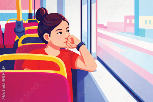A smiling business lady with beautiful hair looks out the train window while holding her mobile phone, reflecting a modern lifestyle
